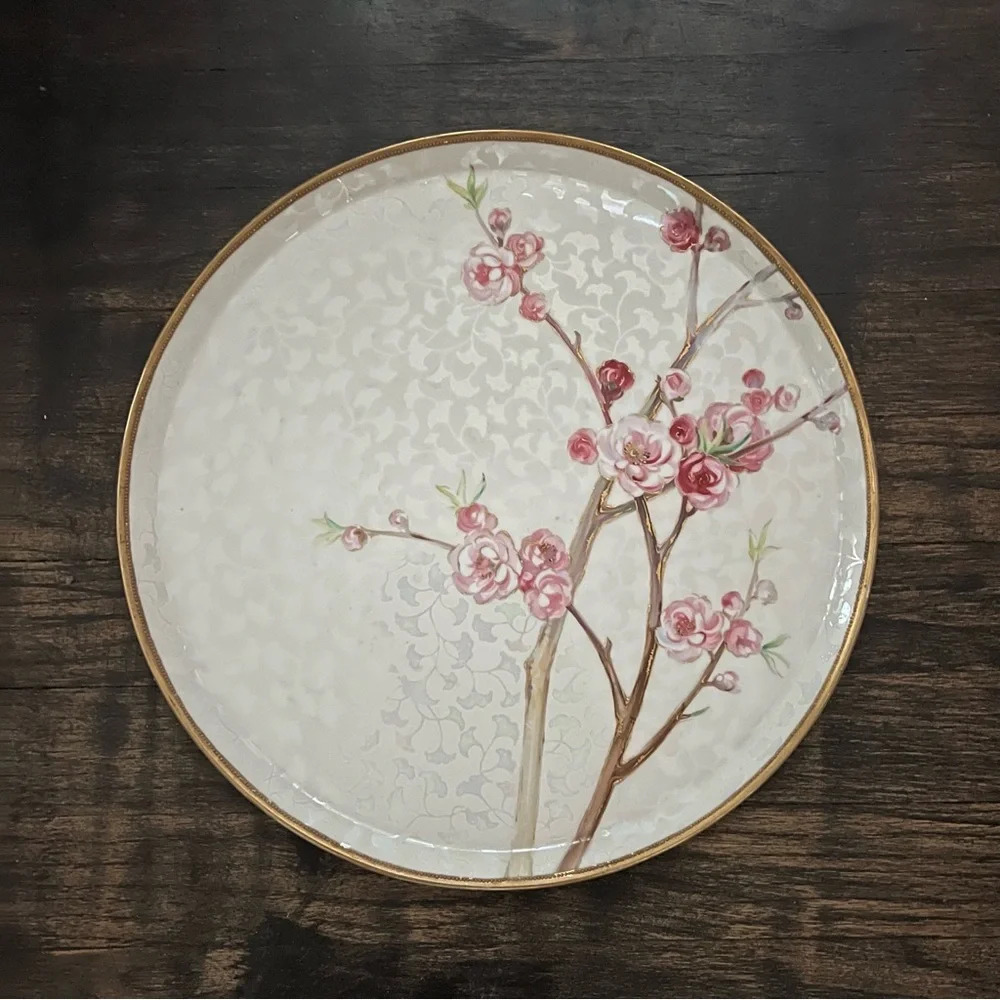 Antique Hand Painted Nippon Cherry Blossom Gold Rim Serving Platter Plate